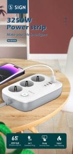 SiGN 65W GaN snabbladdning grenuttag 3-vägs/2x USB-A/2x USB-C, 2m - Vit - Bild 4