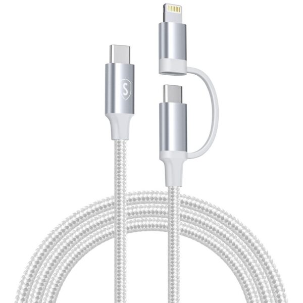 SiGN 2-i-1 USB-C till USB-C 60W PD 3A / Lightning 27W kabel, 1m - Vit