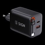 SiGN GaN Snabbladdare USB-C/USB-A 40W med utdragbar USB-C kabel - Svart