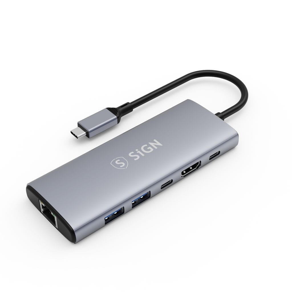0_-_-_5_-_-_2_AeMovlDpo50RaS_Jd7ypO SiGN 6-i-1 HUB USB-C till USB-A / USB-C 100W / HDMI / RJ45 - Grå - Bild 1