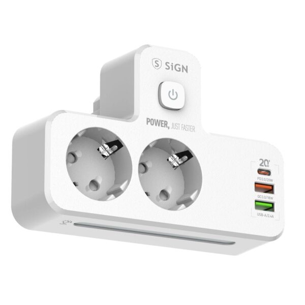 SiGN 20W Grenuttag med LED-nattlampa, 2-vägs/2 xUSB-A/1x USB-C - Vit