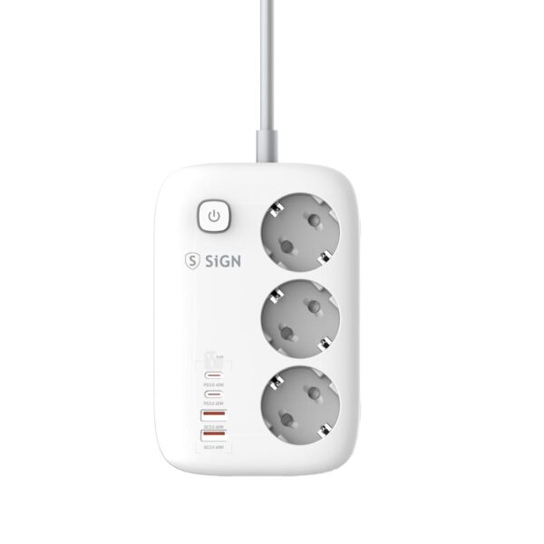 SiGN 65W GaN snabbladdning grenuttag 3-vägs/2x USB-A/2x USB-C, 2m - Vit