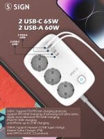SiGN 65W GaN snabbladdning grenuttag 3-vägs/2x USB-A/2x USB-C, 2m - Vit - Bild 6