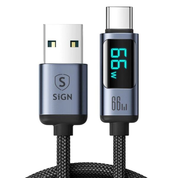 SiGN Prism Series 66W USB-A till USB-C-kabel med skärm, 1,2 m - svart