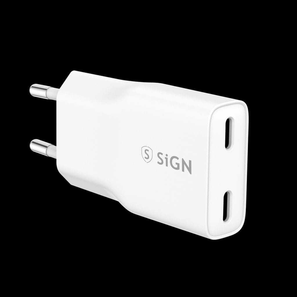 SN-GAN20WCC_9yk1euxOcUr0mkZDUa9De SiGN GaN Ultra Slim Snabbladdare 2x USB-C, PD & QC3.0, 3A, 20W – Vit - Bild 1