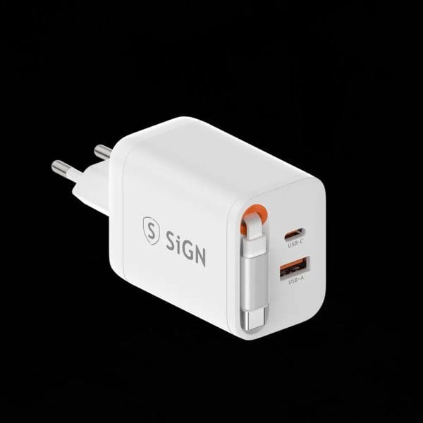 SiGN GaN Snabbladdare USB-C/USB-A 65W med utdragbar USB-C kabel - Vit
