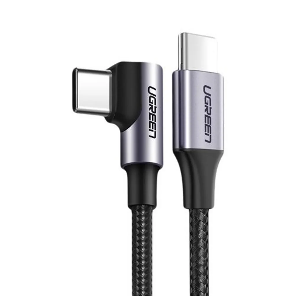 UGREEN USB-C till vinklad USB-C-kabel, PD, 60W, 3A, 2m - Grå/svart